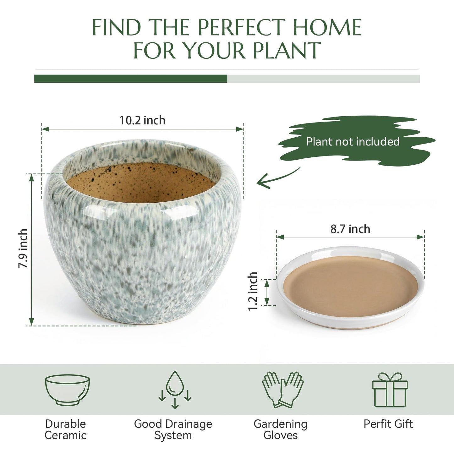 TOSELBAI 10.2 Inch Ceramic Planter with Saucer Leak-Proof Mesh &Drainage, Round Plant Pot with Gardening Gloves for Indoor Outdoor Plants (Blue Crackle Glaze)