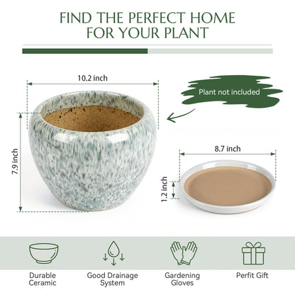 TOSELBAI 10.2 Inch Ceramic Planter with Saucer Leak-Proof Mesh &Drainage, Round Plant Pot with Gardening Gloves for Indoor Outdoor Plants (Blue Crackle Glaze)