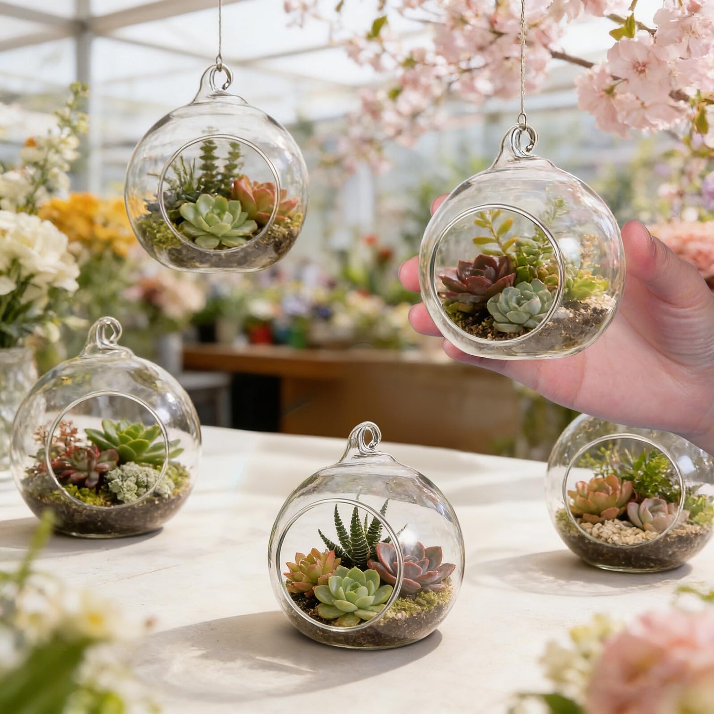 JEWEDECO 5pcs Hanging Glass Terrarium Ball Vase with 4.5cm Opening, Glass Hanging Tealight Holder for Air Plants and Candles, Includes 1.2m Jute Rope for Home Décor and Garden Display