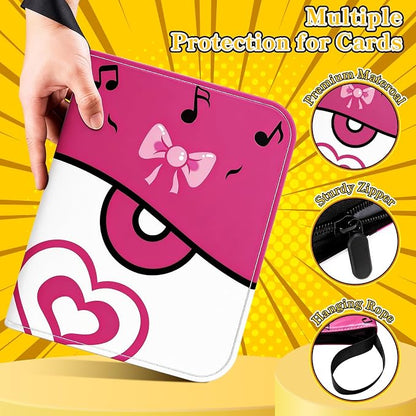 Cute Pink 4 Pocket Trading Card Binder with Zipper and Wrist Strap, Holds 400 Cards, 50 Removable Double-Sided Sleeves, Collectible Card Album Portfolio for Girls