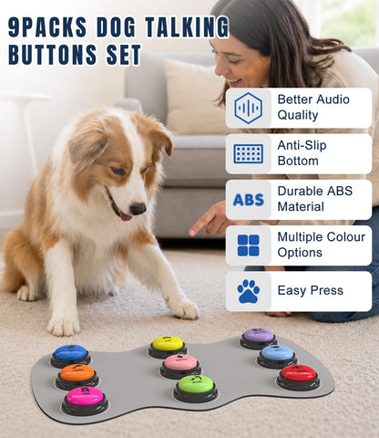 Acools Dog Buttons for Communication, 9 Pcs Recordable Talking Button Set with 30s Voice, Pet Training Buzzer Kit for Dogs and Cats, Waterproof Anti-Slip Mat, 48 Scene Stickers for Outside/Food/Play