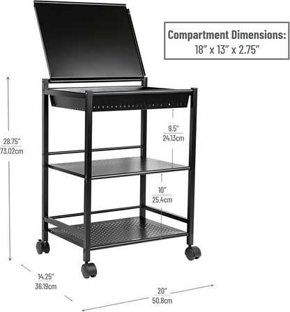 Mind Reader Cart with Covered Compartment, Office Organizer, Storage, 3-Tier, Office, Metal, 20" L x 14.25" W x 28.75" H, Black
