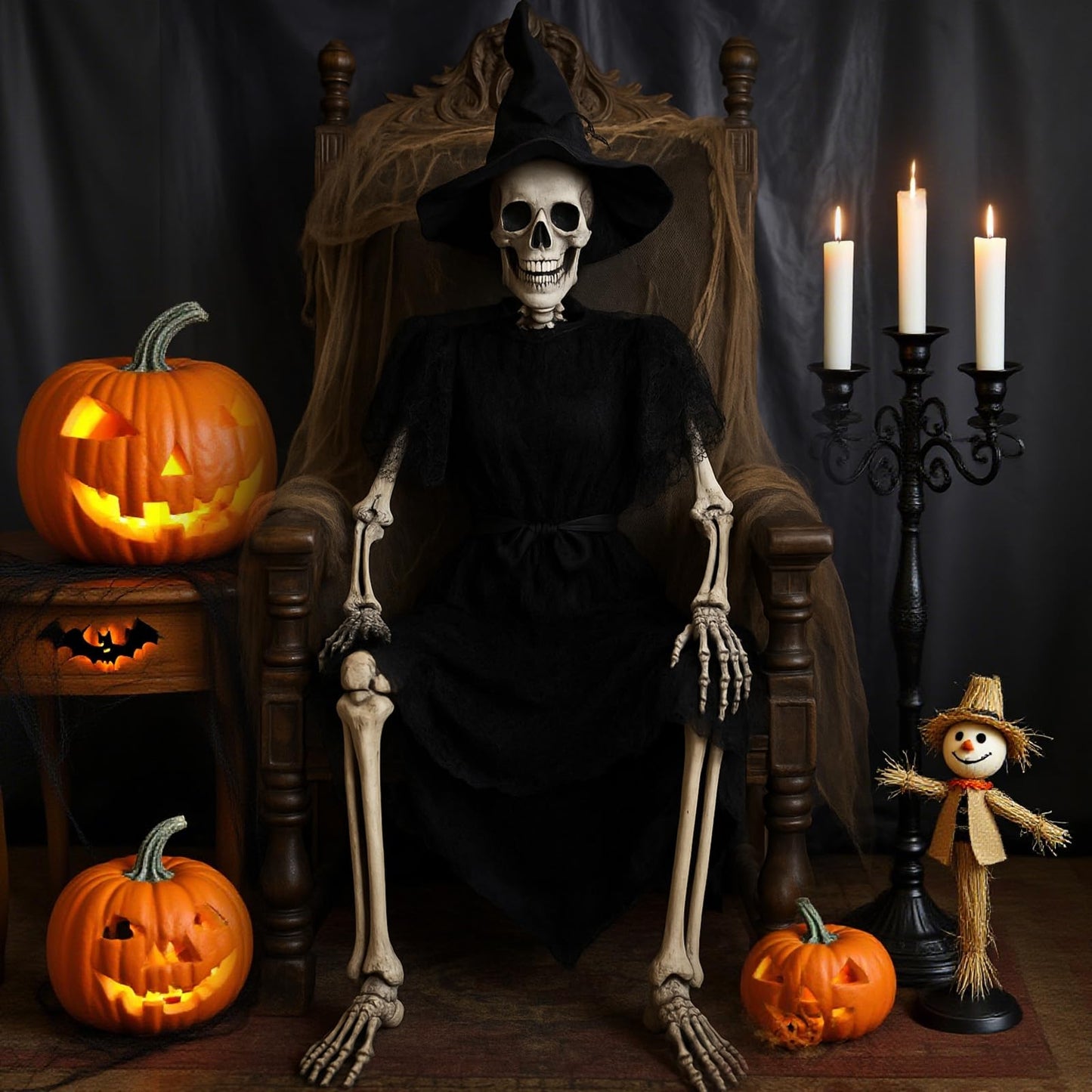 HunnmingRe 1 Set 5.4 ft Halloween Skeleton Decorations Outdoor Posable Life Size Skeleton with Costume Clothing Set and Movable Joints for Halloween Party Yard Haunted House Prop Decor (Witch)