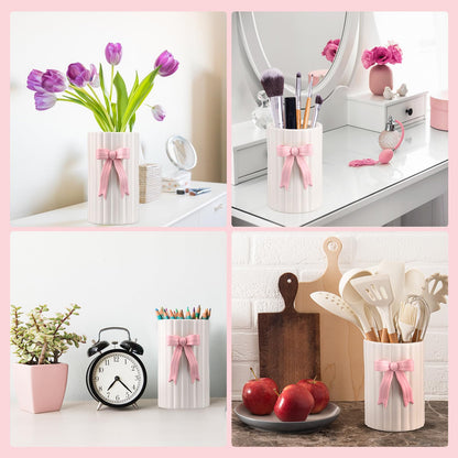 LemonRoad Pink Bow Ceramic Utensil Holder 3D Coquette Handmade Pink Kitchen Decor Gifts for Mom Cooking Utensil Crock with Scalloped Preppy Caddy Pen Holder Vase Back to School