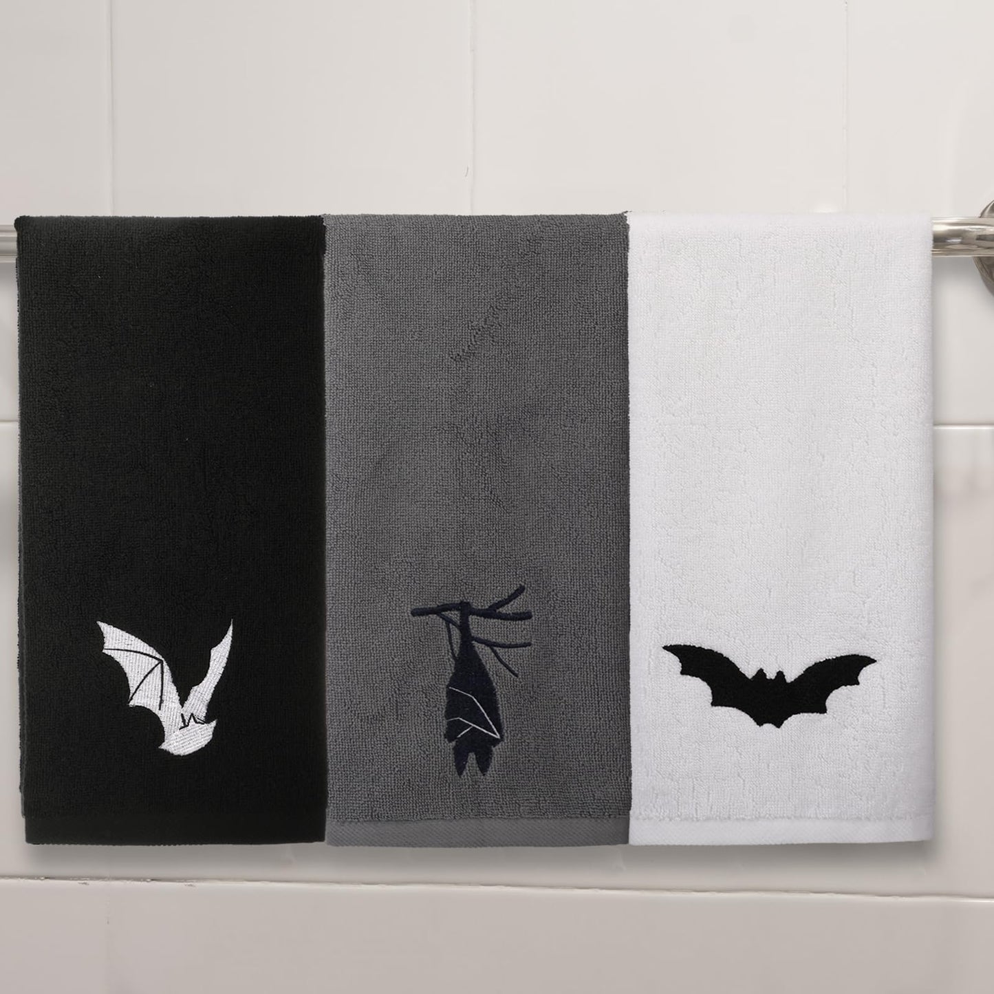 Breling 3 Pcs Kitchen Hand Towels 13.3 x 29 Inch Towels for Bathroom Soft Embroidered Home Decoration for Goth Kitchen Halloween Birthday Gifts(Polyester,Bat)