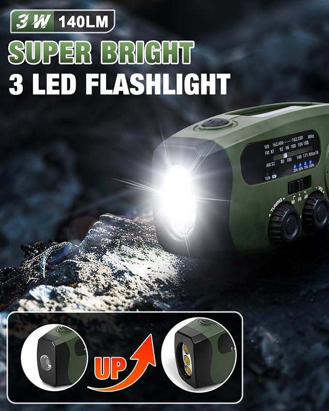 Hand Crank Radio with AM/FM/NOAA Weather Bands,for Emergencies, Camping | 3 LED Flashlights,SOS Function,Solar Powered,Hand Cranked, 2000mAh/7400mWh Charger,for Power Outage - Olive Green