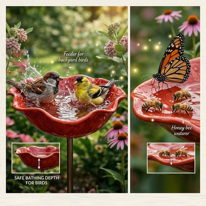 Handmade Metal Flower Garden Stake with Bird Bath & pollinator Water Station, Bee Bath for Garden Metal Bee Water Feeder with Flower Design for Outdoor Yard Decor