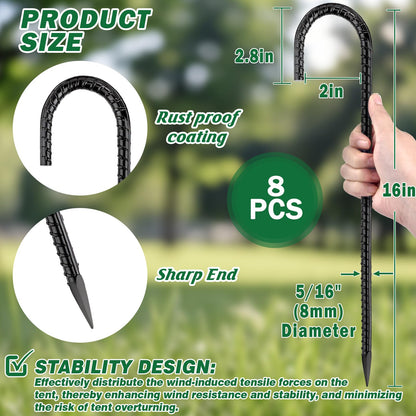 16 Inch Ground Stakes Heavy Duty,8 Pack Metal Fence Stakes for Ground for Wire Fencing,Heavy Duty Long Tent Stakes for Trampolines Camping Canopies and Swing Set