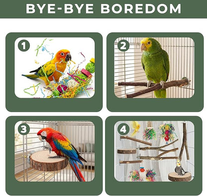 12 Pcs Natural Bird Perches and Shreddable Parakeet Toys, Essential Parrot Cage Accessories with 8 Wood Standsand 4 Shreddable Parakeet Toys, Foraging Shredder and Bird Accessories for Cages