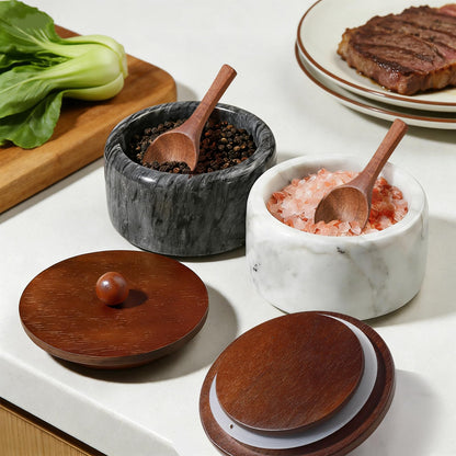 MINCORD Marble Salt and Pepper Bowls Set with Lids and Spoons – Natural Stone Salt Cellar & Pinch Pots for Kitchen Counter – Modern Spice Keeper Container for Gourmet Sea Salt, Kosher & Finishing Salt