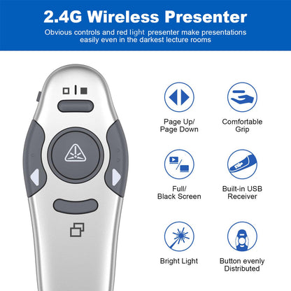 QUI Presentation Clicker Wireless Presenter Remote Clicker for PowerPoint Presentation Remote, PowerPoint Slide Advancer for Mac/Windows/Google Slide/Keynote, Silver, A-C