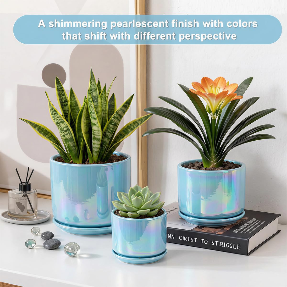 EFISPSS Ceramic Planter 4+5+6 Inch Ceramic Flower pots for Indoor Plants with Drainage,for Succulent Cactus,Garden Planters,Modern Decorative for Home Blue Pearl Glaze Plant Pots