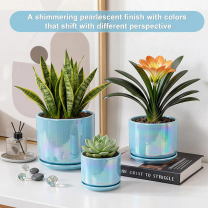 EFISPSS Ceramic Planter 4+5+6 Inch Ceramic Flower pots for Indoor Plants with Drainage,for Succulent Cactus,Garden Planters,Modern Decorative for Home Blue Pearl Glaze Plant Pots