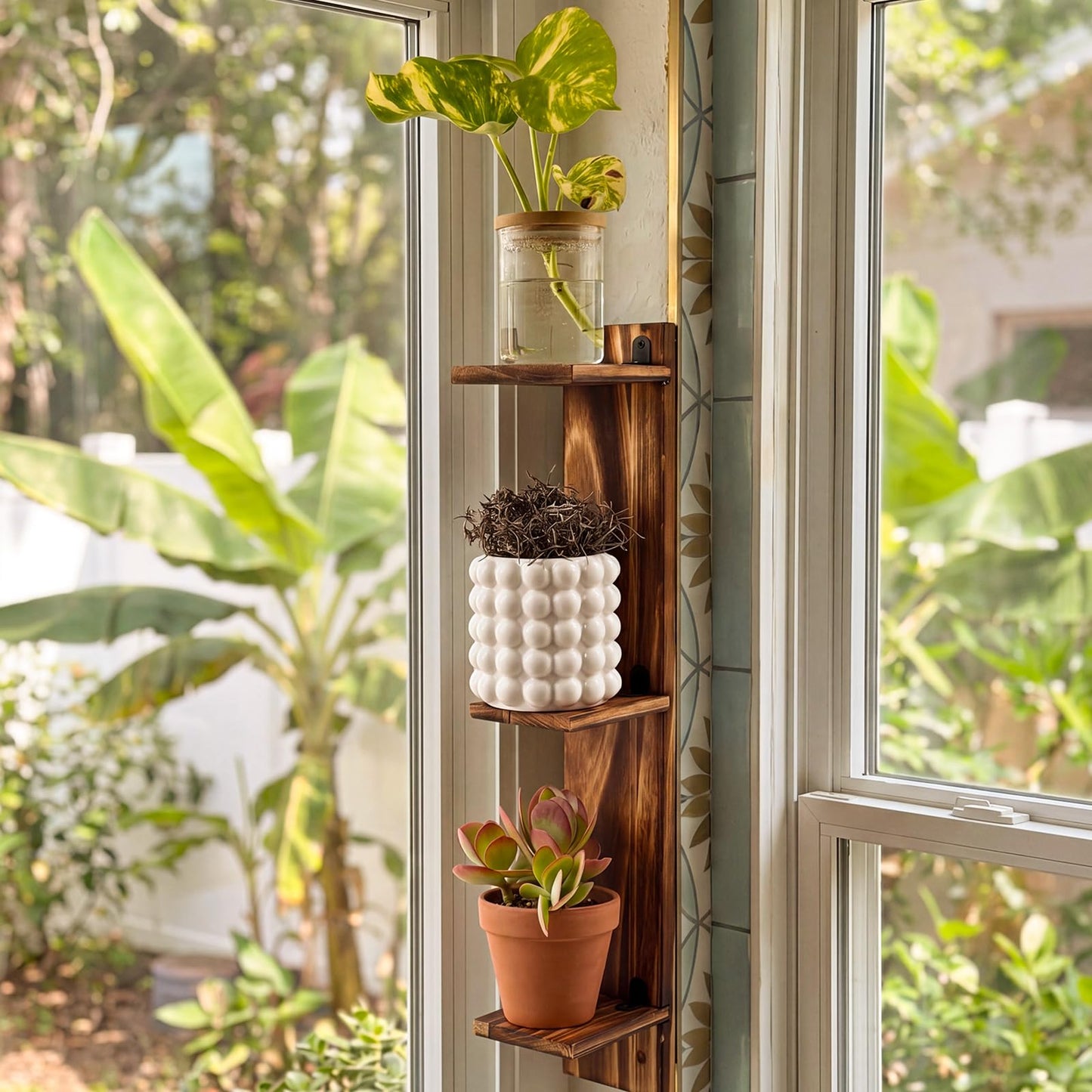 Pinkunn 3 Tier Wood Window Sill Plant Shelf Retro Indoor Wood Plant Stand Wall Mount Decorative Hanging Vertical Garden Display for Small Space Kitchen Living Room Bedroom Home