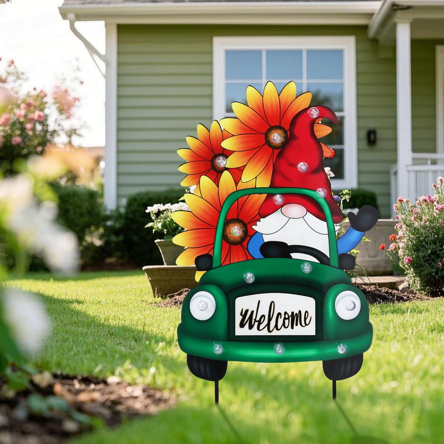 WONDER GARDEN Sunflower Yard Sign Decoration, 22.4" Metal Gnome Truck with LED Lighted, Outdoor Summer Garden Welcome Sign Stake, Outdoor Spring Truck Yard Decoration, Gift for Mom