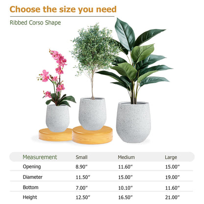 KUTE NEST 12.5" H x 11.5" D Premium Ribbed Corso Fiberstone Round Tapered Planter with Drainage Hole, Weather Resistant, Included 2 Extra Coco Mats (Ribbed Speckled White, 9" Pot Opening)
