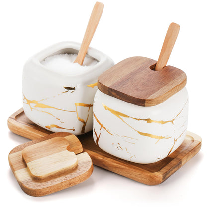 Dicunoy 2 Pack Ceramic Sugar Bowl with Lids and Spoons, Salt and Sugar Container, White Porcelain Sugar Coffee Container, Condiment Spice Pots with Wooden Tray for Bar Table, Kitchen, Countertop