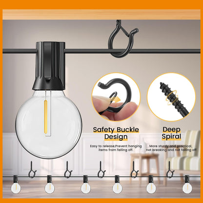 TAIHUIMY 40 PCS Q-Hanger Hooks with Safety Buckle, Windproof Screw Wall Ceiling Hooks for Outdoor String Lights Hanging Christmas Lights, Plants, with 1 Wing Nut Driver (Black, 40 Pack)