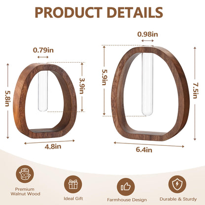 Houmury Walnut Wood Propagation Station Set of 2 Hydroponic Glass Test Tube Vases 7.5” & 5.8” for Plants Cuttings Modern Farmhouse Table Centerpieces for Home Office Desk Decor
