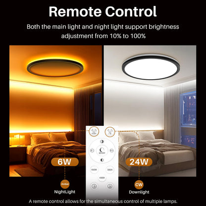 AmazeFan 12Inch LED Flush Mount Ceiling Light with Remote Control, Dimmable Night Light 1800K 3000K/4000K/6500K 24W Low Profile Hardwiring Ceiling Lamp for Bedroom LivingRoom Kitchen Hallway-Black