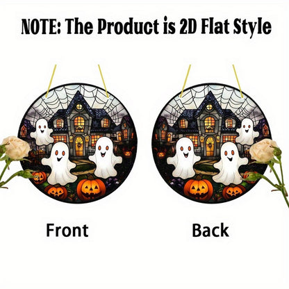 7.9inch Cute Halloween Suncatcher for Window Hanging,Ghost Pumpkin Castle Acrylic Suncatcher with Chain Halloween Window Decor for Home, Garden, Housewarming Round Ornament, Gift for Women Friend