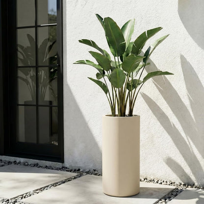 KUTE NEST 19.5" H x 9.8" D Premium Tubo Fiberstone Cylinder Tall Planter with Drainage Hole, Smooth Finishes, Weather Resistant, Included 2 Extra Coco Mats (Kilim Beige, 8.2" Pot Opening)