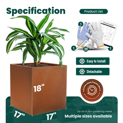 GZGNEEVL Corten Steel Planter Box Metal Outdoor Large Rectangular 17" L x 17" W x 18" H Rustic Durable Antique Detached for Commercial Residential Patio and Backyard