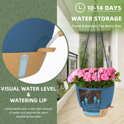 ZMTECH 12 Inch Large Self Watering Hanging Planters for Indoor Outdoor Plants - Water Level Indicator & Removable 60 Oz Reservoir, 1 Pack Plastic Hanging Basket for Window Porch Garden Balcony, Blue