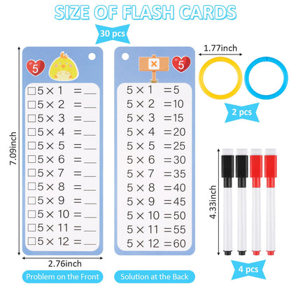 PEASUG Multiplication and Division Flash Cards 30 Pcs, 0-12 Math Flash Cards with 4 Dry Erase Pens 2 Rings, Educational Time Table Flash Cards for 1st-3rd Graders Multiplication Game