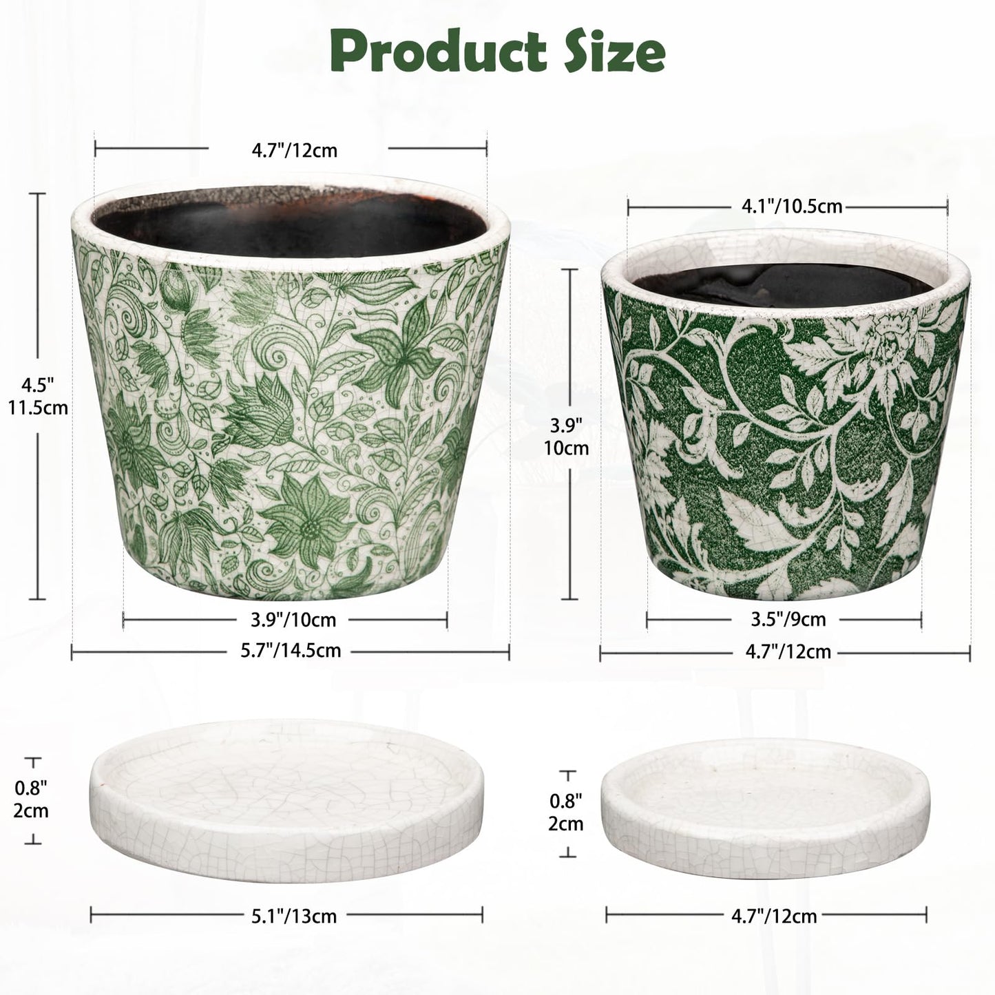 Set of 2 Ceramic Green Plant Pots with Drainage Hole and Saucers, Vintage Farmhouse Accent Planters for Indoor Plants, Round Flower Pots Rustic Succulent Cactus Pots Terracotta Tubs 5.7/4.7 Inch