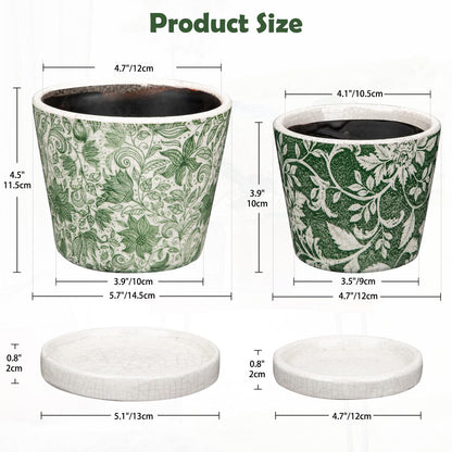 Set of 2 Ceramic Green Plant Pots with Drainage Hole and Saucers, Vintage Farmhouse Accent Planters for Indoor Plants, Round Flower Pots Rustic Succulent Cactus Pots Terracotta Tubs 5.7/4.7 Inch