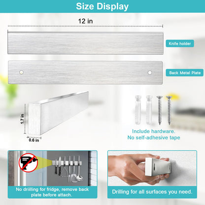 Knife Magnetic Strip, Magnetic Knife Holder for Wall Mount Fridge Refrigerator Knives Magnet Bar Tool Rack RV Kitchen Utensil Holder Metal Kitchen Tool Holder Knives Block RV Accessories 12 Inch