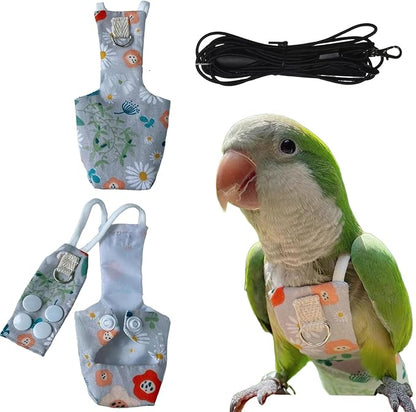 Snap-Closure Parrot Diaper Flight Suit for Cockatiels, Lovebirds & Medium Birds Cotton Washable Escape-Proof Harness with Leash Set(Blue Monk Model+1 Meter Rope)