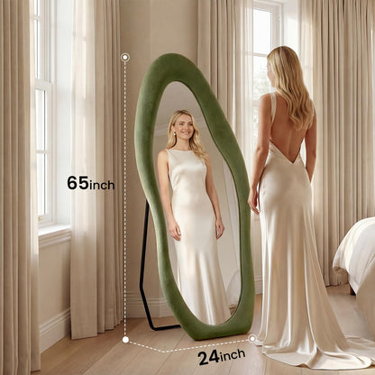 ZHUNFA Full Length Mirror,65×24 Mirror Full Length Wall Mounted Wrapped in Flannel,Featuring an Irregular Cloud Shaped Design,Room,Bedroom,Living Room Home Decor,Green.