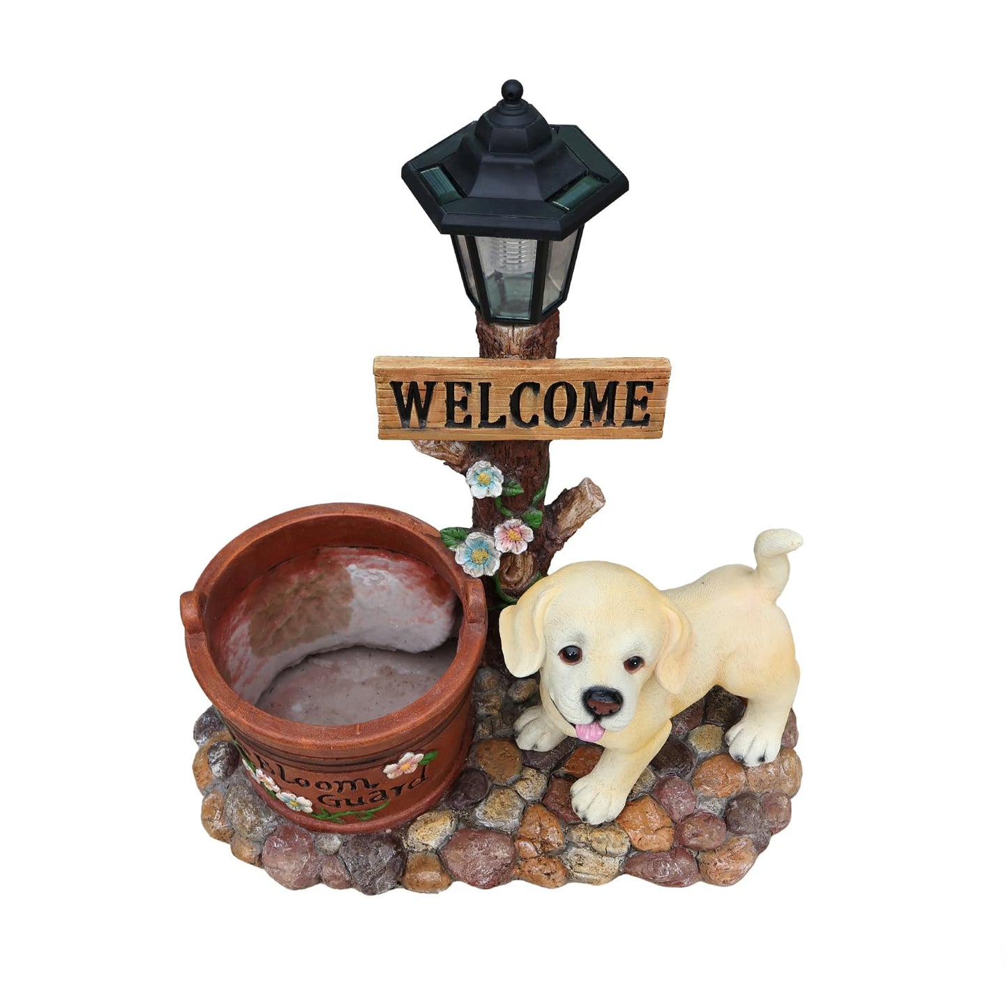 UNOIRNM Labrador Puppy Outdoor Garden Statue - with Solar Lantern and Bloom Guard Planter, Extra Large 20.9" Welcome Dog Figurine for Patio, 11 lbs Heavy Duty Resin Decor, 18.9" Length Flower Pot