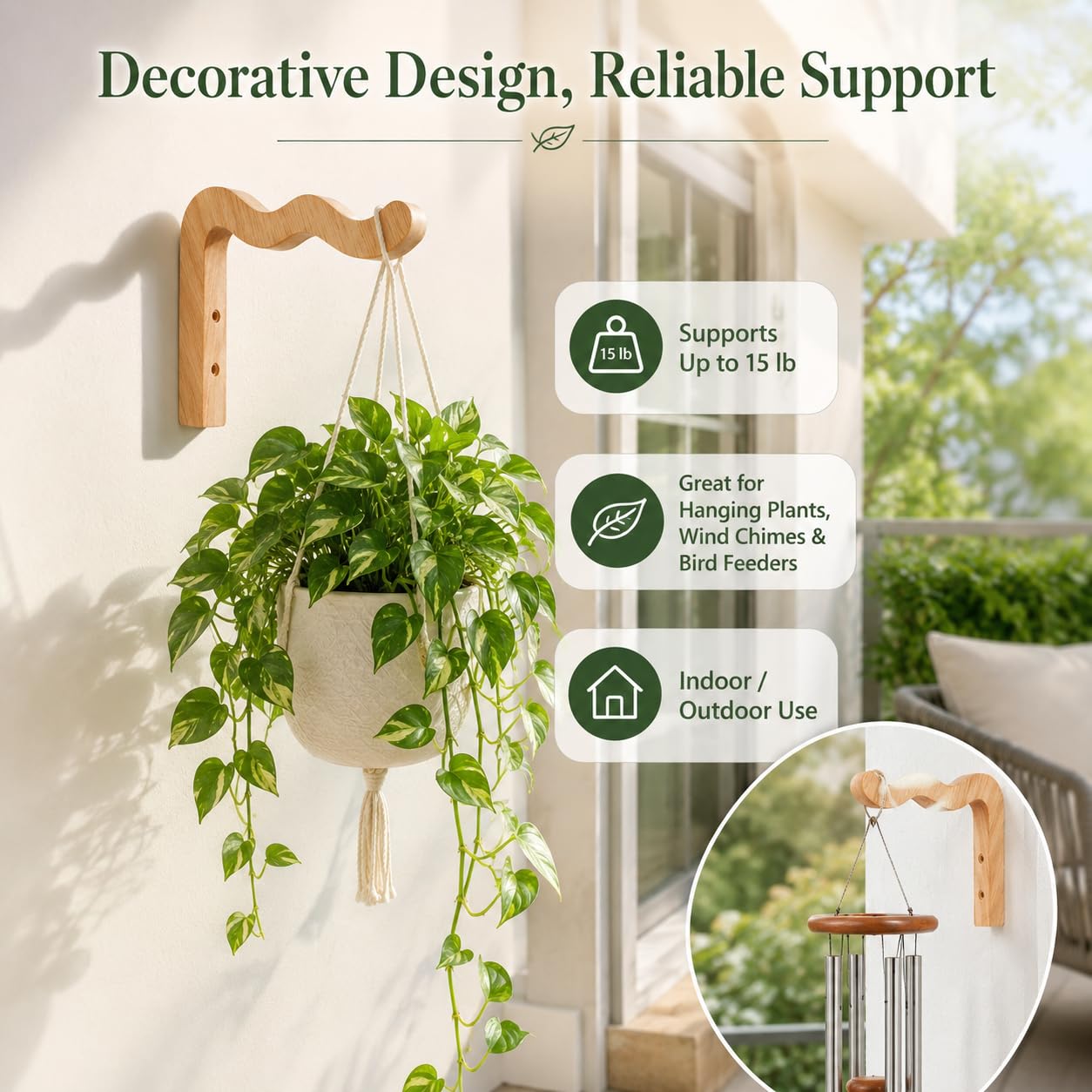 FGSAEOR Wood Plant Hangers Wave-Shaped for Outdoor, Wall Mount Hanging Plant Hooks Heavy Duty Indoor Outdoor Hooks for Flower Pots, Wind Chimes, Bird Feeders, 2 Pack (Solid Beech Wood)