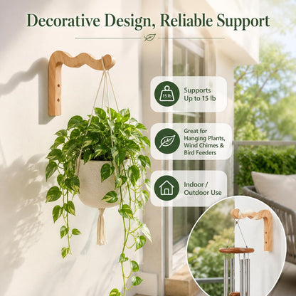 FGSAEOR Wood Plant Hangers Wave-Shaped for Outdoor, Wall Mount Hanging Plant Hooks Heavy Duty Indoor Outdoor Hooks for Flower Pots, Wind Chimes, Bird Feeders, 2 Pack (Solid Beech Wood)