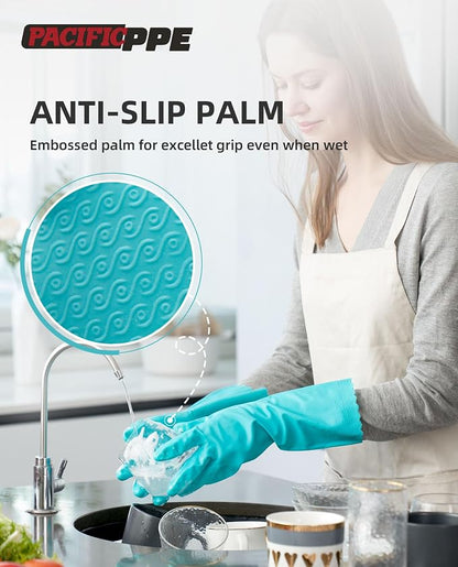 PACIFIC PPE 4 Pairs Reusable Dishwashing Cleaning Gloves with Latex Free, Cotton Lining, Kitchen Gloves, Green, Medium