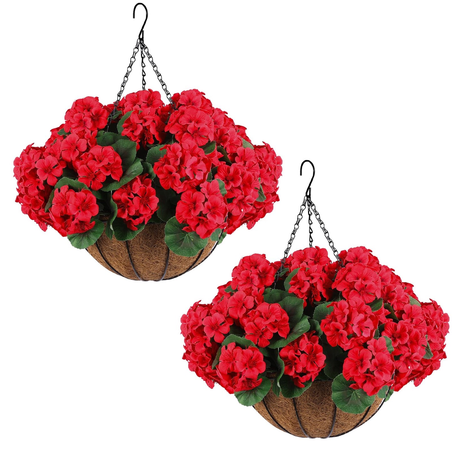 Hananona 2 Set Artificial Red Geraniums Flowers for Outdoors with Hanging Baskets, 2 Hanging Planters with 12 Pcs Red Geranium Flowers for Christmas Front Porch Garden Patio Home Decor (2, Red)