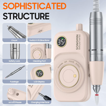 Professional Nail Drill 35000 RPM,SONGMIN Portable Cordless Efile with Bits Kit for Acrylic Nails Gel Polishing Removing,Rechargeable Electric Nail File Machine for Manicure,Pedicure Salon Home,Pink