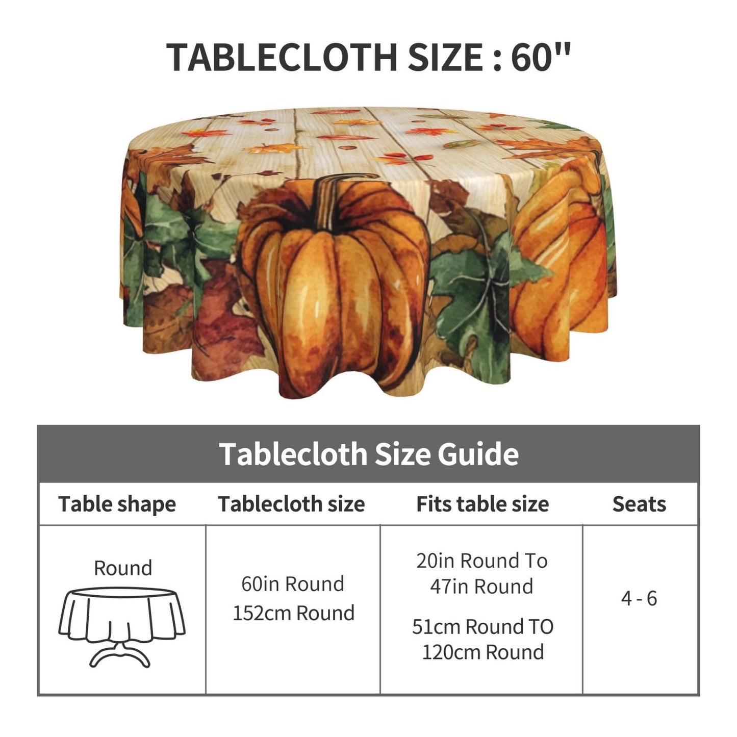 mutakin Fall Pumpkin Maple Leaf Round Tablecloth 60 Inch Washable Reusable Decoration Table Cover for Kitchen Party
