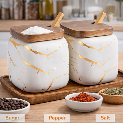 JFFLYIT 2 Sets of Marble Ceramic Sugar Bowl Ceramic Seasoning Jars with Wooden Lid and Wooden Spoon(White)