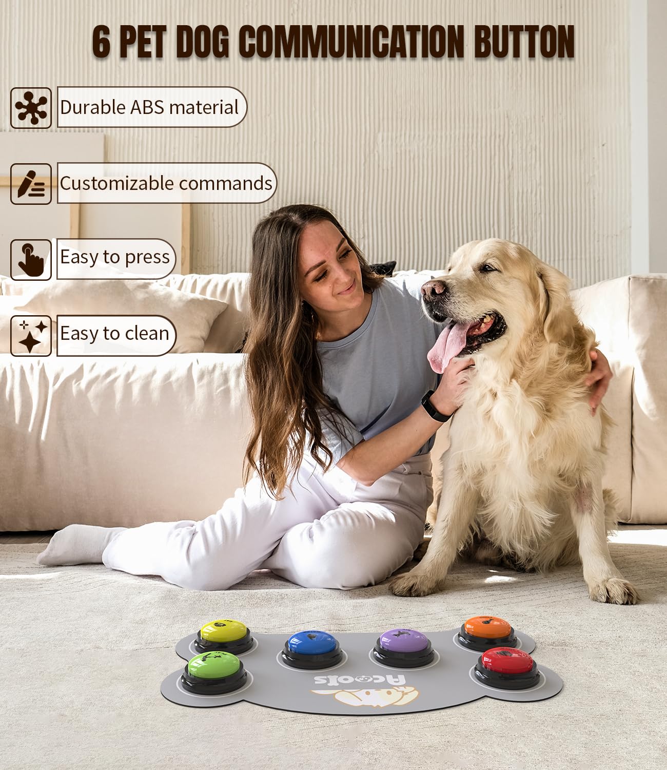 6 Piece Dog Talk Buttons, Dog Buttons for Communication with Non-Slip Mat, 30s Recordable Voice Commands To Train Pet, Dog Talking Buttons Starter Set with 48 Scene Stickers Suitable for Easy Training