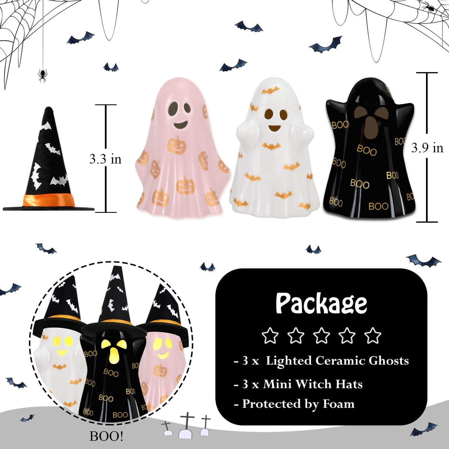 Byrita Halloween Decorations Indoor, Set of 3 Ceramic Halloween Ghosts with Witch Hats, Cute Spooky Lighted Decor Ghost Figurines Witch Hat Scary Pumpkin Bats Boo for Home Mantel Shelf Table Decor