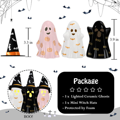 Byrita Halloween Decorations Indoor, Set of 3 Ceramic Halloween Ghosts with Witch Hats, Cute Spooky Lighted Decor Ghost Figurines Witch Hat Scary Pumpkin Bats Boo for Home Mantel Shelf Table Decor