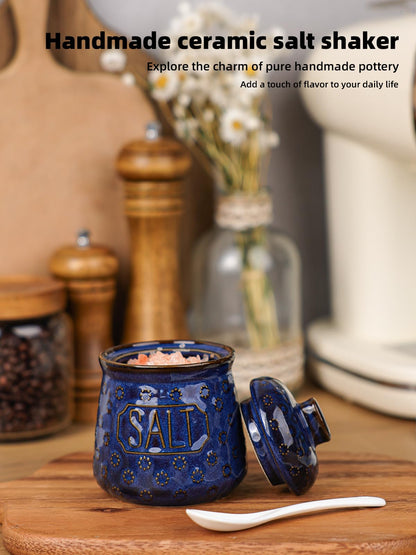 QUXIJA Salt Bowl with Lid and Spoon, 10oz Ceramic Spices Cellar (Vintage Blue)