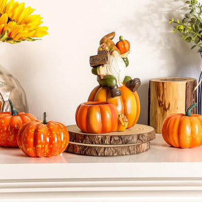 Hotop Fall Pumpkin Gnome Tealight Candle Holder, Thanksgiving Table Centerpiece Resin Figurine, Autumn Harvest Indoor Decor for Mantel Shelf Kitchen Dining Table, 6.5 Inch