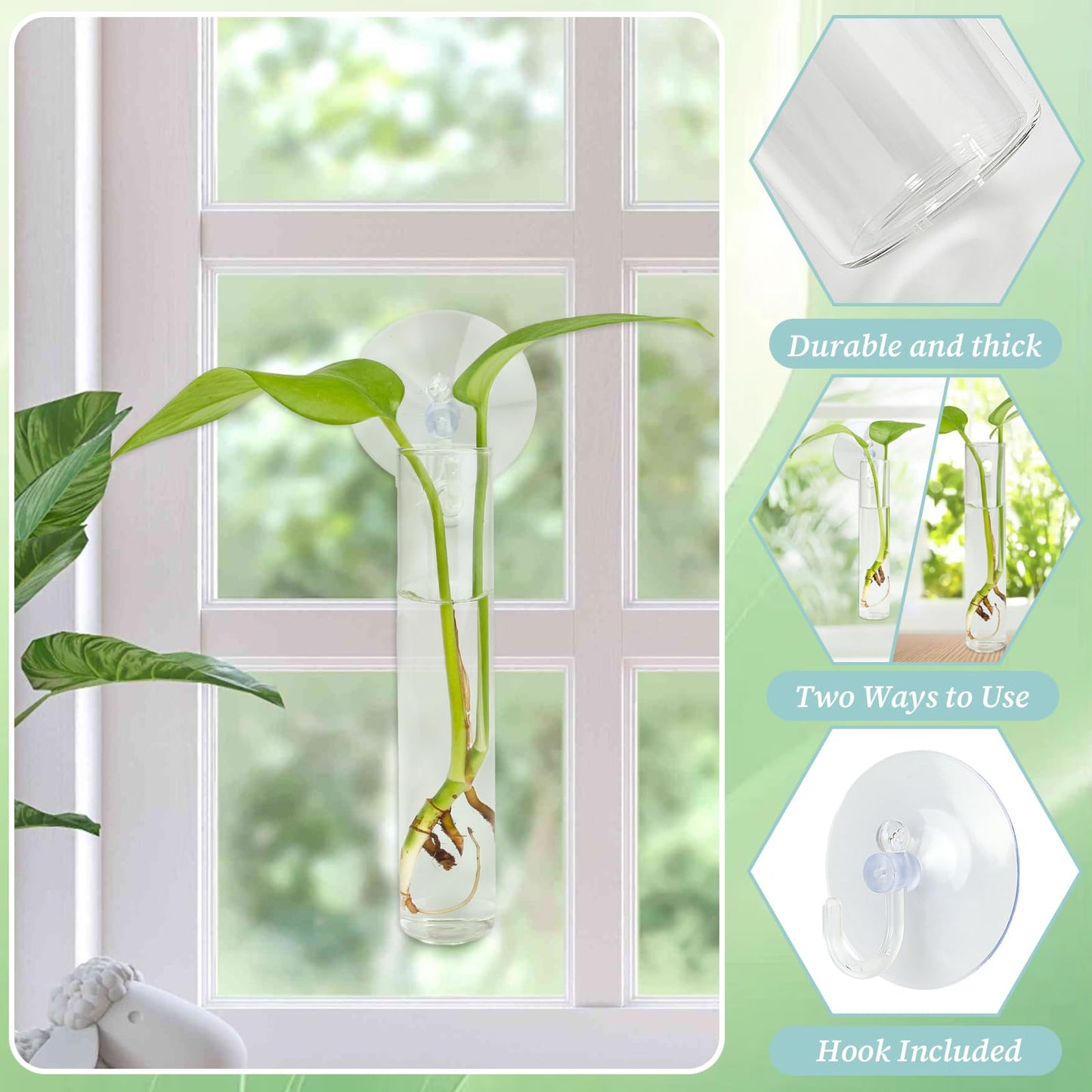 FOWSRHRG 4PCS Wall Hanging Planter Propagation Stations, Plant Tube with Suction Cup Hook, Test Tube Propagation Station Wall Clear Plant Vase No Nails with Bottle Brush Flower Plant Terrarium