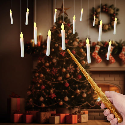 Raycare Floating Candles with Wand, 12 Pcs Magic Hanging Candles Flameless, Flickering Warm Light LED Taper Candle with Wand Remote, Battery Operated Window Candle for Halloween Witch Wizzard Decors