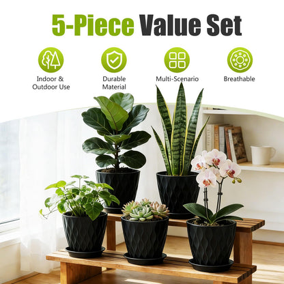 SQKH 8 Inch Plastic Plant Pots,Set of 5 Flower Pots,Planters with Drainage Holes & Saucers, Indoor Outdoor Garden Pots for Home Decor (Black)